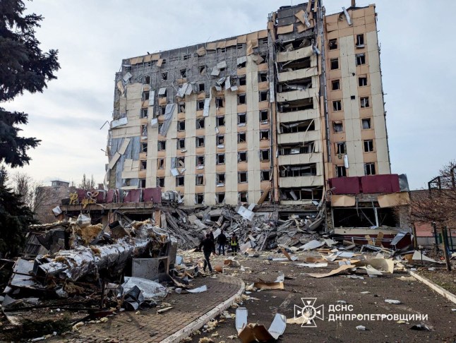 This handout photograph taken and released by the State Emergency Service of Ukraine on March 12, 2025, shows a destroyed building at the site of a strike in Kryvyi Rig, amid the Russian invasion of Ukraine. (Photo by Handout / UKRAINIAN EMERGENCY SERVICE / AFP) / RESTRICTED TO EDITORIAL USE - MANDATORY CREDIT "AFP PHOTO / STATE EMERGENCY SERVICE OF UKRAINE" - NO MARKETING NO ADVERTISING CAMPAIGNS - DISTRIBUTED AS A SERVICE TO CLIENTS (Photo by HANDOUT/UKRAINIAN EMERGENCY SERVICE/AFP via Getty Images)