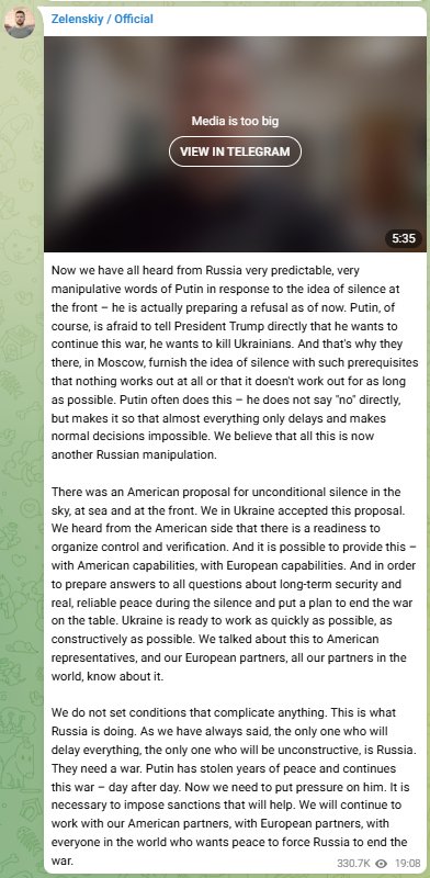 Zelensky claiming Putin wants to reject the ceasefire deal