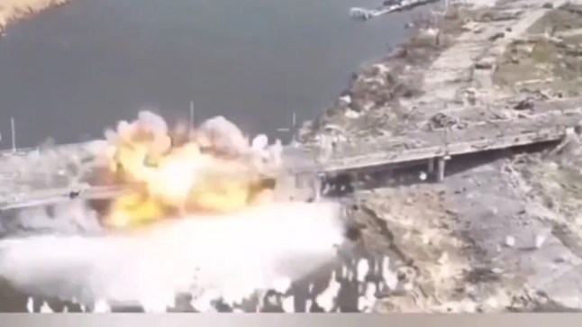 Uncleared grabs of Ukrainian airstrike destroying a Russian supply bridge in Kherson, credit: Twitter Matt