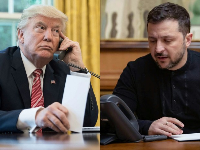 (COMBO) This combination of files pictures created on March 18, 2025 shows US President Donald Trump on the phone in the Oval Office at the White House in Washington, DC, on June 27, 2017 and a handout photograph taken and released by the Ukrainian Presidential Press Service on February 12, 2025, showing Ukraine's President Volodymyr Zelensky speaking during a phone call with the US president while sitting at his office in Kyiv, amid the Russian invasion of Ukraine. President Volodymyr Zelensky warned on March 20, 2025 against heeding a Kremlin call to halt military aid for his country and announced he would speak with US President Donald Trump later within hours. (Photo by NICHOLAS KAMM and Handout / various sources / AFP) / XGTY / RESTRICTED TO EDITORIAL USE - MANDATORY CREDIT "AFP PHOTO / Ukrainian Presidential Press Service" - NO MARKETING NO ADVERTISING CAMPAIGNS - DISTRIBUTED AS A SERVICE TO CLIENTS (Photo by NICHOLAS KAMMHANDOUT/AFP/UKRAINIAN PRESIDENTIAL PRESS SERVICE/AFP via Getty Images)