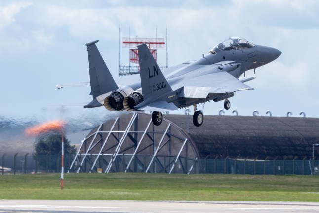 Mandatory Credit: Photo by Bav Media/REX/Shutterstock (14442597p) US Air Force F-15E Strike Eagles from the 494th Fighter Squadron based at RAF Lakenheath in Suffolk preparing to go out on sorties on Monday morning. The squadron was involved in shooting down dozens of Iranian drones as they headed towards targets in Israel at the weekend. Increased USA military activity, Lakenheath, UK - 15 Apr 2024 There was increased activity at RAF Lakenheath in Suffolk today amid growing tension between Israel and Iran. F-15 Strike Eagles from the 494th Fighter Squadron shot down more than 70 Iranian drones on April 13. The world is waiting to see how Israel responds to an attack from Iran over the weekend and whether the conflict escalates. The US has currently said it is holding back but has military facilities in all six Gulf Arab states, as well as in Syria, Iraq and Jordan, and may get dragged into a region-wide war.